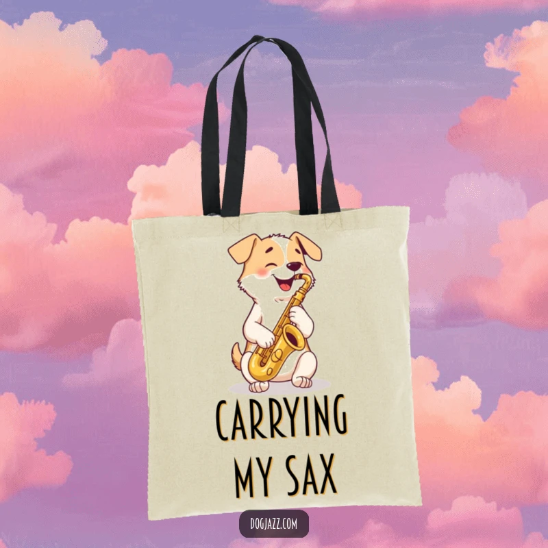 Funny Tote Bag: a happy dog playing a saxophone, bringing musical joy and canine charm to your everyday carry.