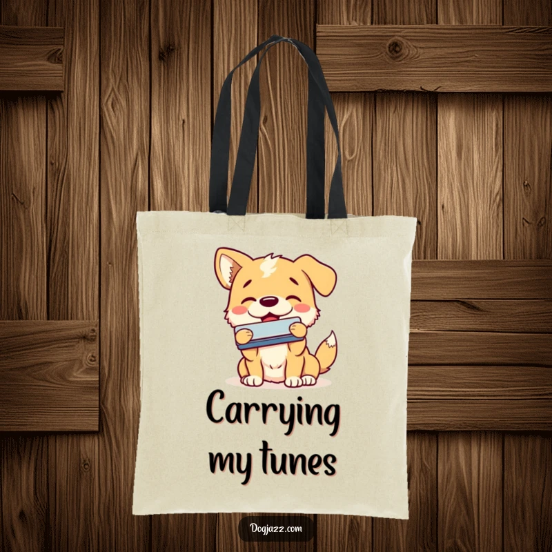 Funny dog tote bag with a happy dog enthusiastically playing the harmonica with a smile, perfect for music lovers.