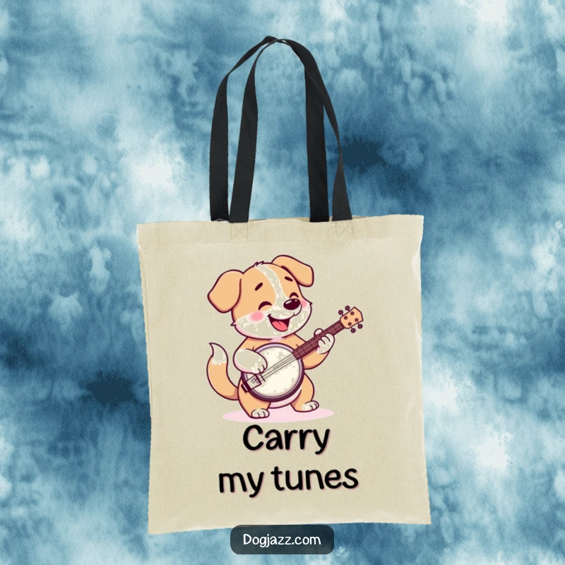 Funny tote bag with a happy cartoon dog playing the banjo, tail wagging, carrying musical joy.