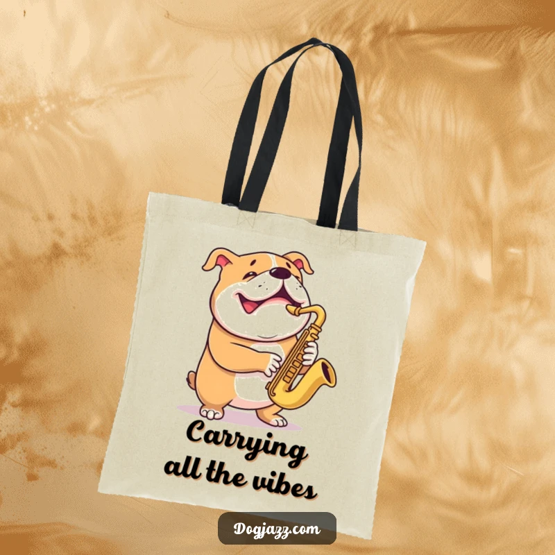 Funny bulldog tote bag featuring a grinning, enthusiastic dog playing the saxophone, ready for any outing.
