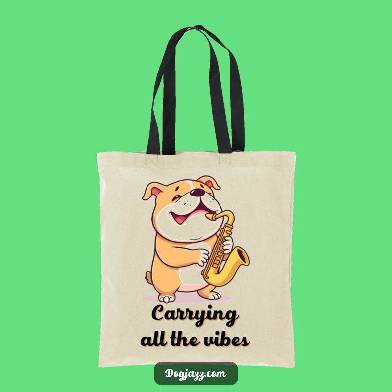 Funny Bulldog Saxophone Tote Bag - Grinning Dog Musician Bag for Hilarious Shopping