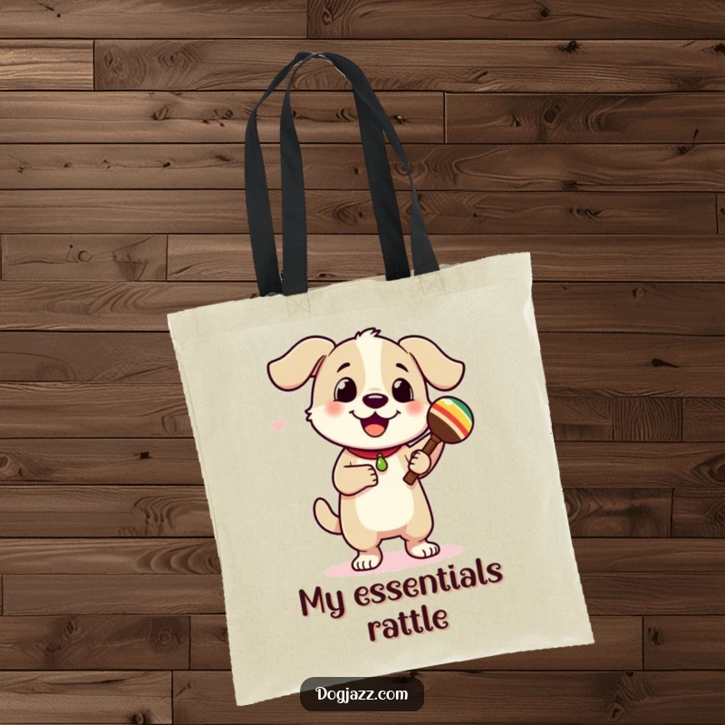 Funny dog character dancing and shaking maracas, a practical tote bag for carrying essentials with a festive flair.