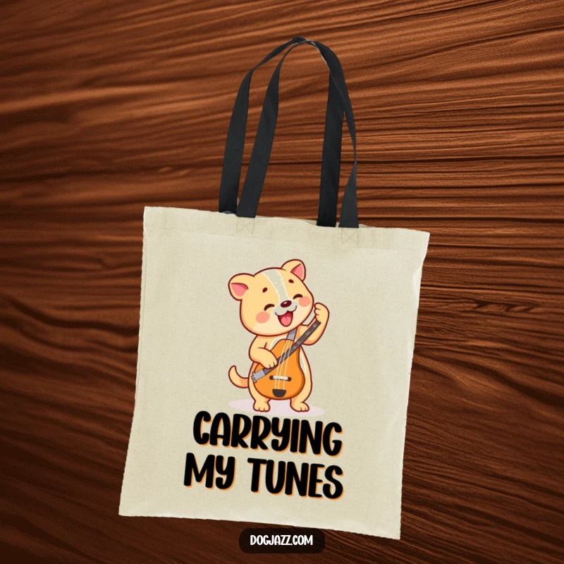 Funny Dog Bass Player Tote Bag, a cheerful dog energetically plays a bass guitar, ideal for carrying music gear.
