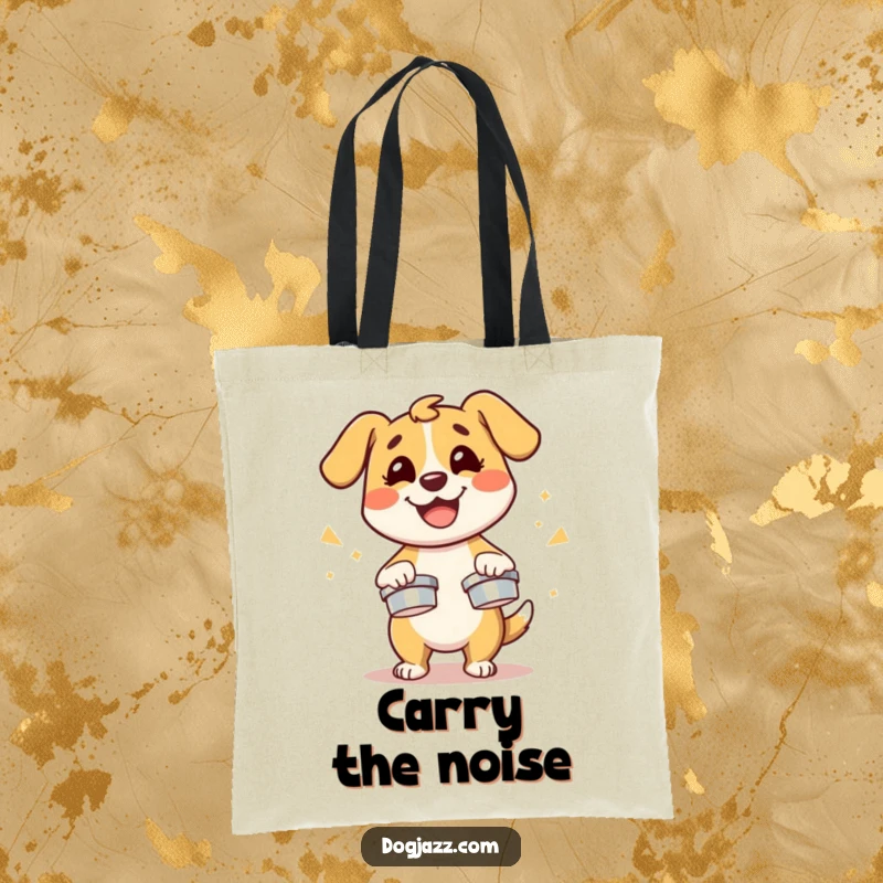 Funny dog character energetically playing cymbals with a smile, a practical and humorous tote bag.