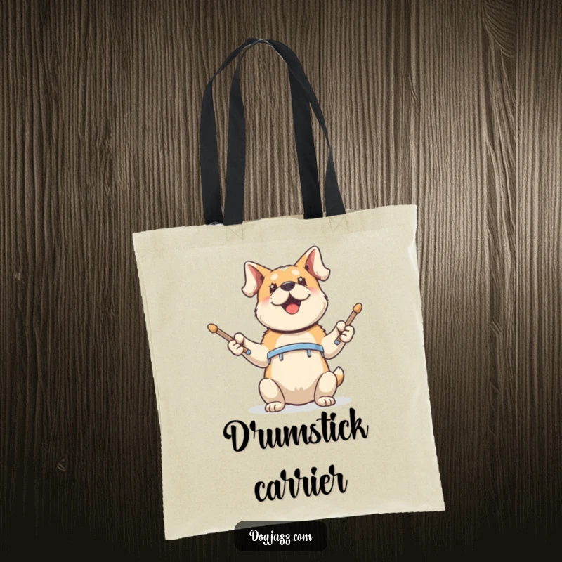 Funny Tote Bag: an energetic dog tapping drumsticks, bringing musical rhythm and canine charm to your everyday carry.