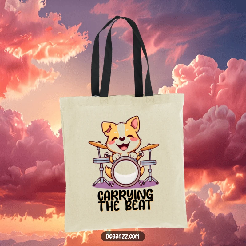 Funny dog tote bag with a happy dog joyfully pounding on a drum kit, perfect for carrying items with musical flair.