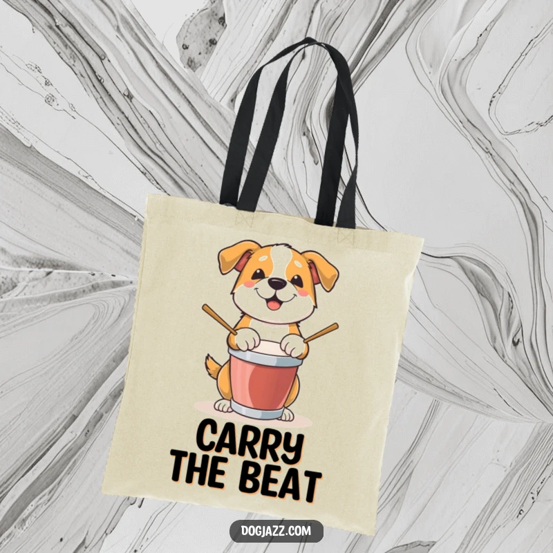 Funny Dog Tote Bag: An energetic dog energetically plays a drum, its paws a blur, perfect for carrying music and dreams.