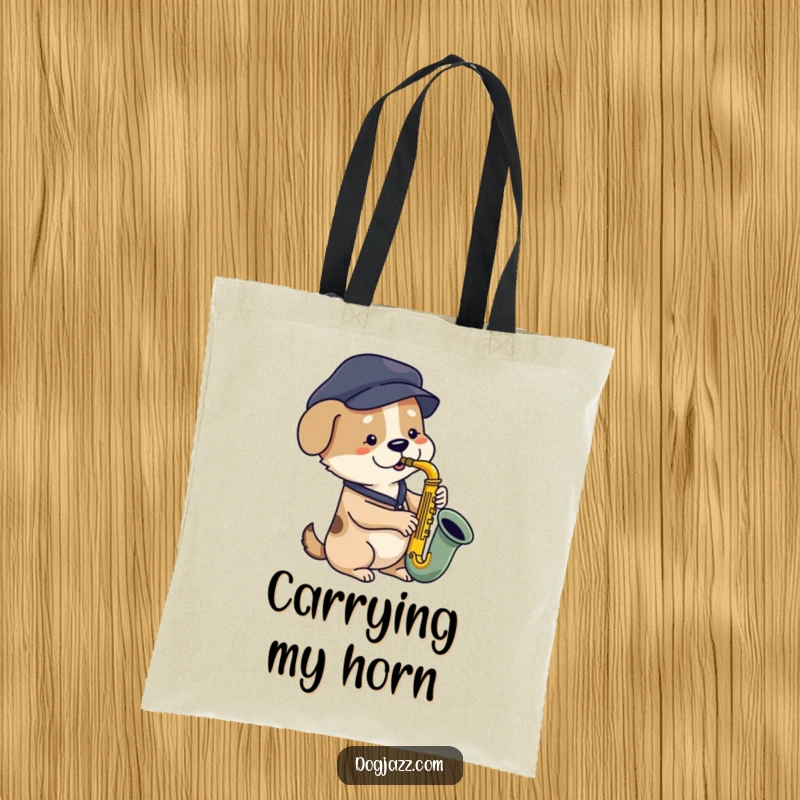 Funny dog saxophone tote bag with a dog in a beret playing bluesy music, perfect for carrying music or everyday items.