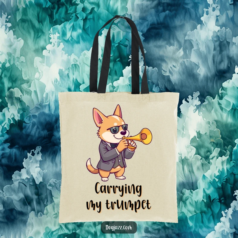 Funny dog trumpet tote bag with a dog in a sharp suit playing jazz music, perfect for carrying stylish items.