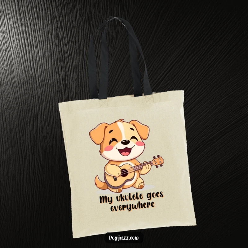 Funny dog smiling while strumming a tiny ukulele, a cheerful musician ready for any adventure on a tote bag.