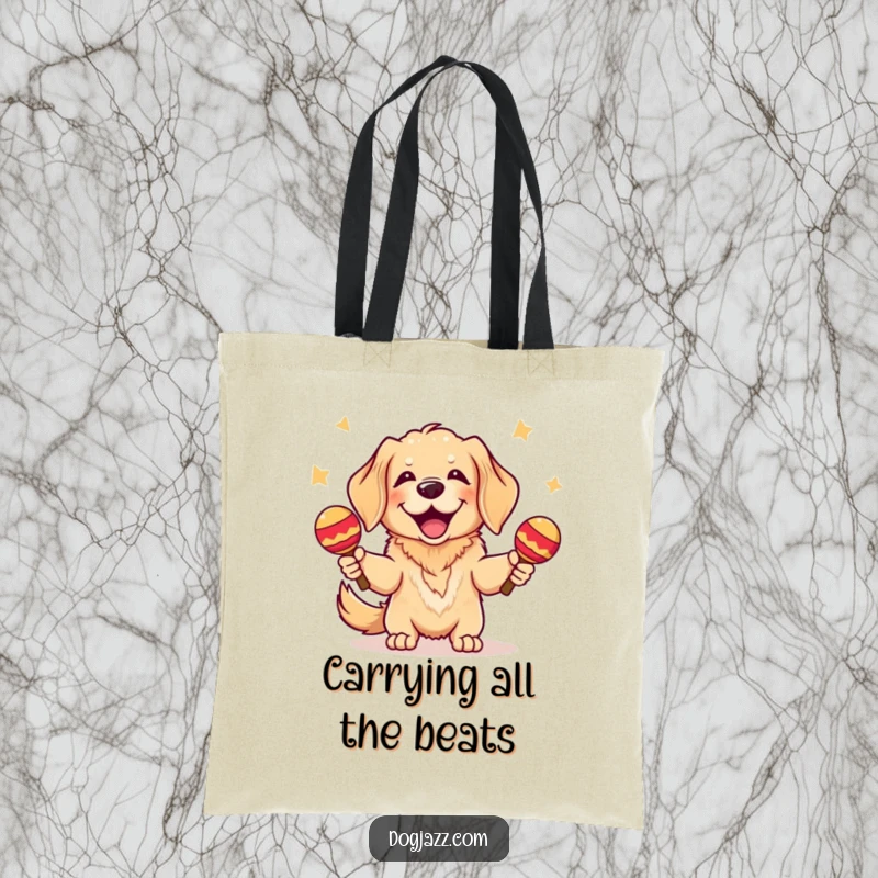 Funny Golden Retriever Tote Bag: A joyful golden retriever shaking maracas, perfect for carrying groceries or musical instruments.