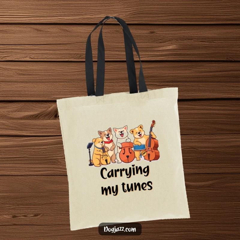 Funny jazz dog band playing instruments, durable tote bag for music and dog lovers.