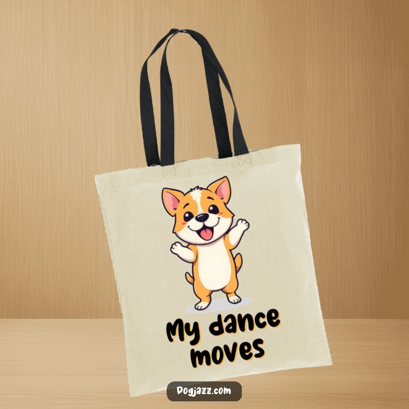 Funny Tote Bag featuring a dog performing a jazzy dance step, designed for dancers who appreciate style and a fun, energetic vibe.