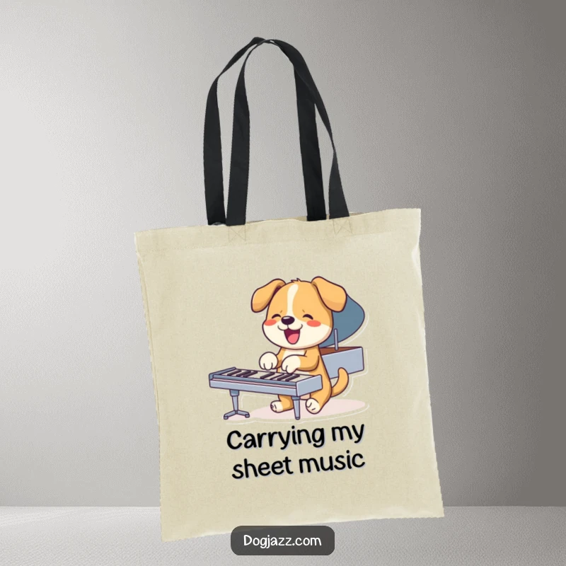 Funny dog playing piano with paws, durable tote bag for music and dog lovers.