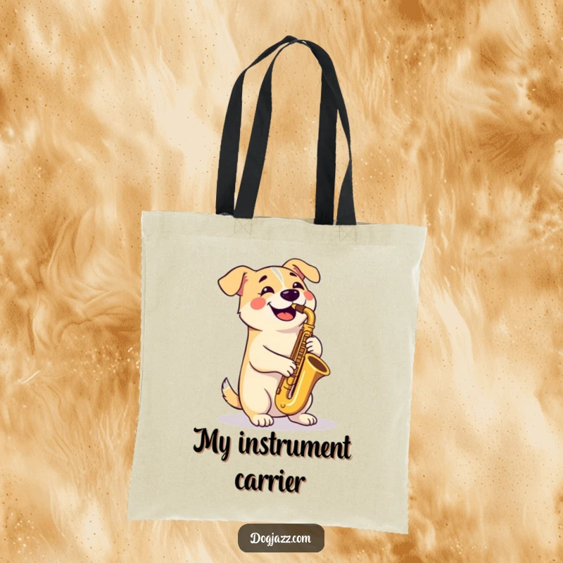 Funny Tote Bag: A contented dog plays a tenor saxophone with crossed paws, ready to carry your items with musical flair.