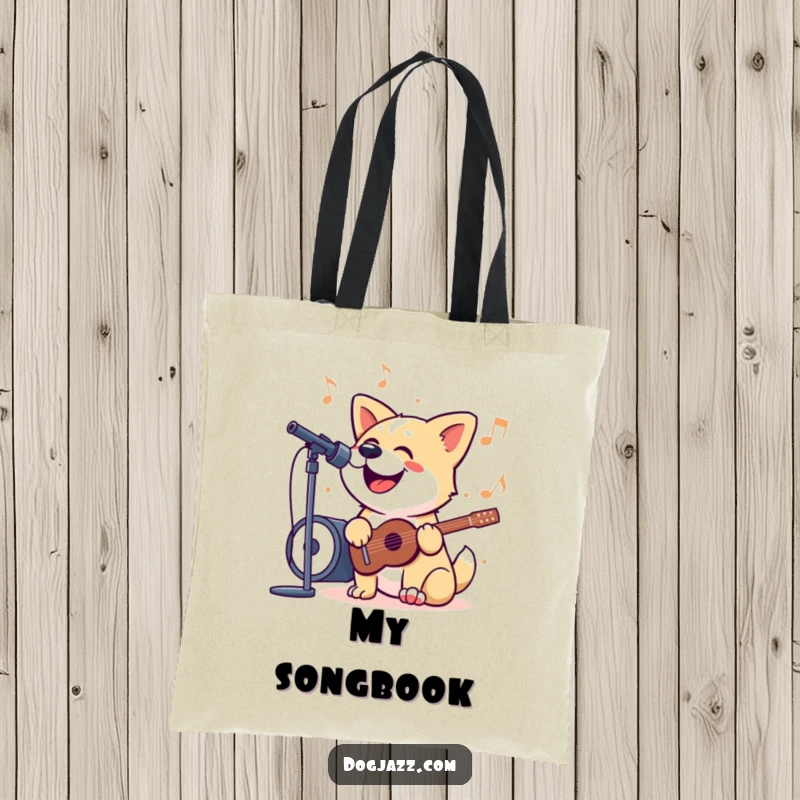 Funny Tote Bag featuring a dog happily singing along to a jazzy tune, designed for music lovers who enjoy a cheerful vibe.