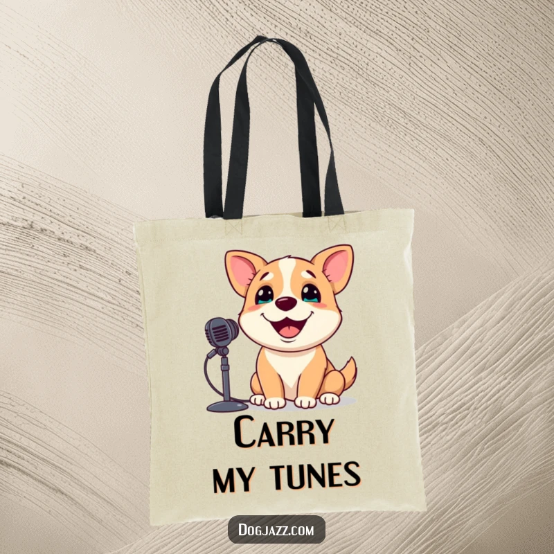 Funny Dog Tote Bag: A dog with a joyful grin sings into a microphone, perfect for carrying lyrics and dreams.