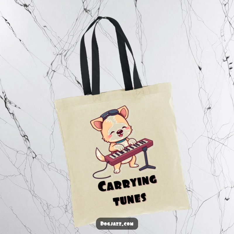 Funny terrier character jamming on a keyboard with a wagging tail, a practical and humorous tote bag.