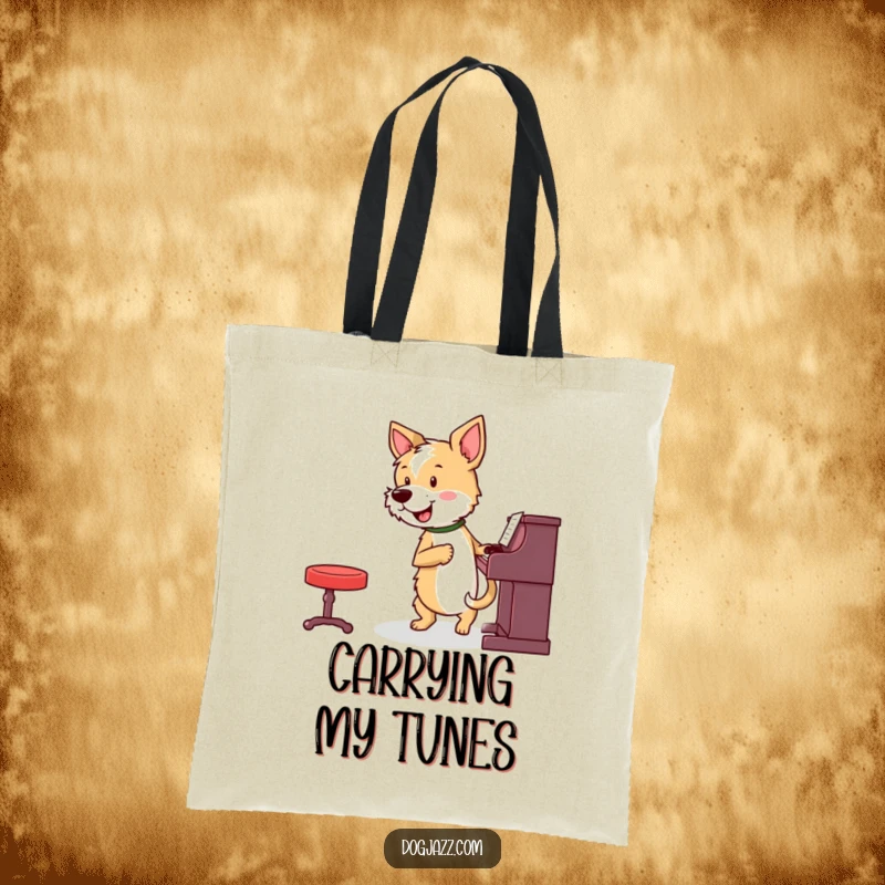 Funny terrier playing piano on a durable tote bag, full of energy, a great funny gift.