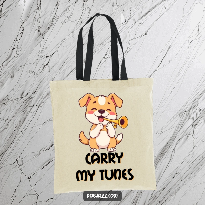 Funny tote bag featuring a happy dog playing a trumpet with a wagging tail, a humorous and practical accessory.