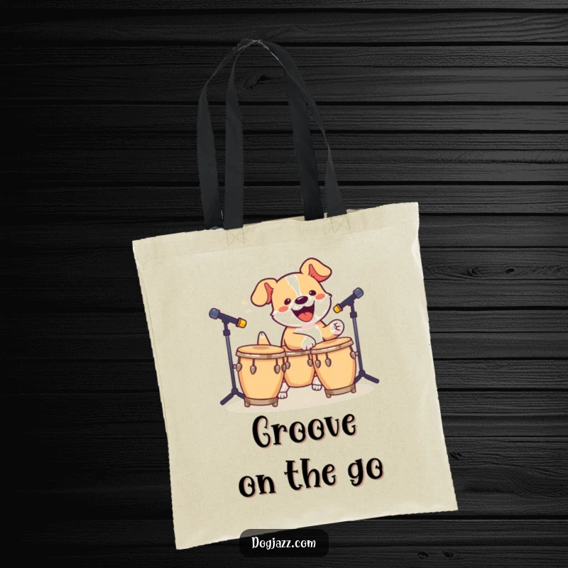 Funny Dog Bongo Tote Bag: An energetic dog playing bongos, perfect for carrying drumsticks or daily necessities.