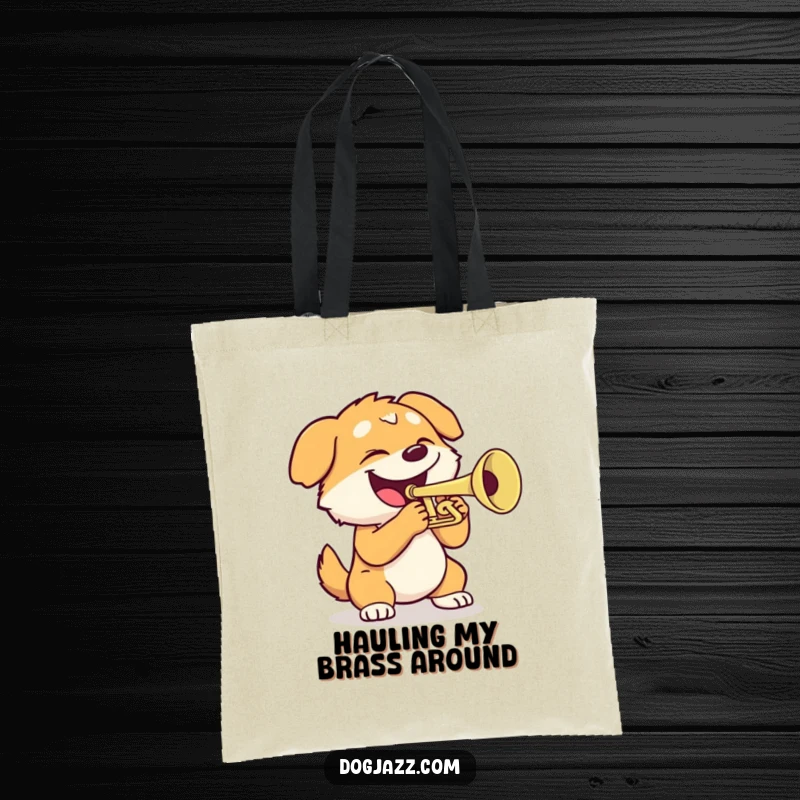 Funny dog tote bag with a happy dog playing a trumpet, perfect for carrying items with a musical and humorous touch.