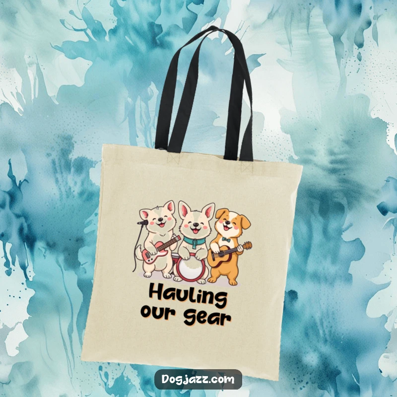 Funny Dog Jam Session Tote Bag, a cheerful dog band plays instruments together, perfect for music lovers on the move.